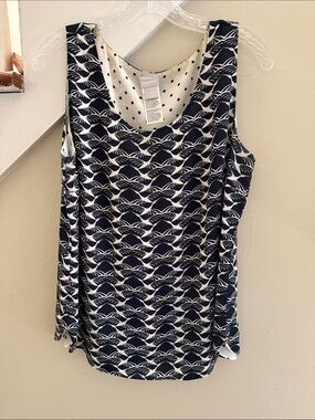 Chico's Navy and White Wave-Print Sleeveless Tank with Polka Dot Lining